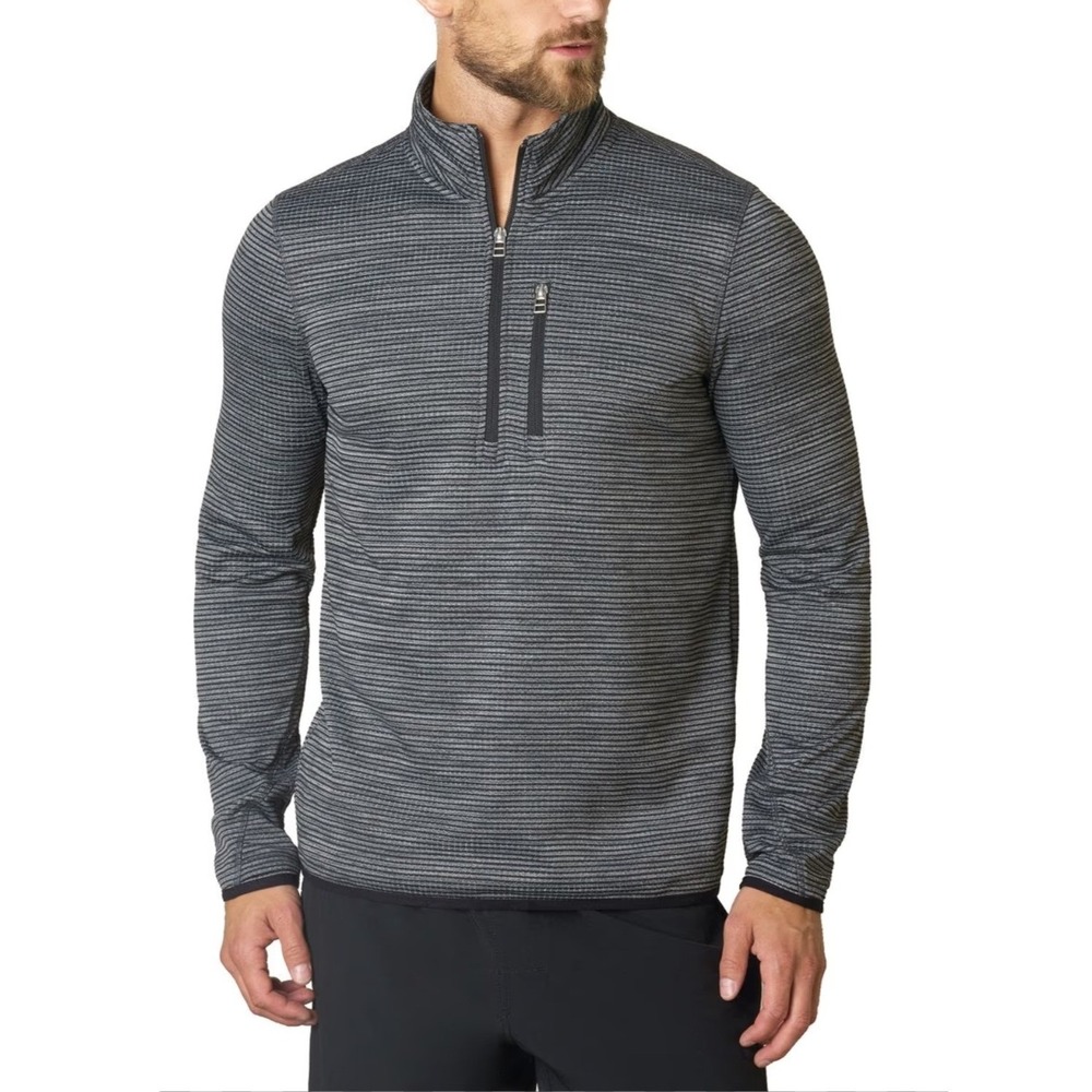 prAna Large Gatten Fleece Jacket Mens Gray Striped 1/4 Zip Pullover Hiking